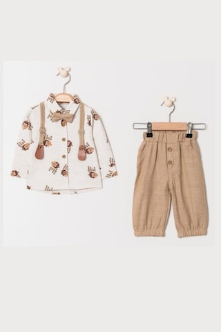 Erkek Bebek Kirpi Baskılı Slopetli Papyonlu Takım Açık Kahverengi
