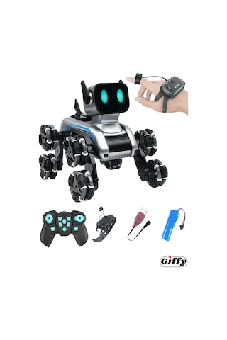 Oyuncak 2.4 Ghz Uzaktan Ve Bilekten Kumandalı Şarjlı 8 Teker Akrobat Robot Köpek Müzikli Ve Led Işık Gri