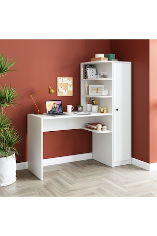 Roma Raflı Çalışma Masası , Çalışma Ofis Masası Sağ Dolap Beyaz Mat Beyaz