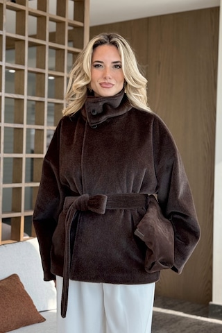 Acı Kahve Yaka Düğmeli Kuşaklı Peluş Ceket - 1624 Acı Kahve