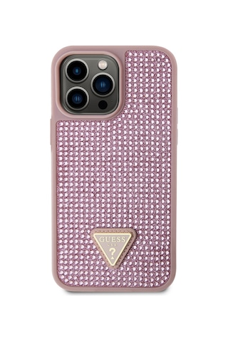 Apple iPhone 14 Pro Max Uyumlu Kılıf Guess Lisanslı Taşlı Arka Yüzey Üçgen Logolu Kapak Pembe