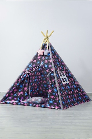 Yıldız Desen, Ahşap Direkli, Pencereli Doğal Ev-bahçe Çocuk Oyun Çadırı, Gri Siyah