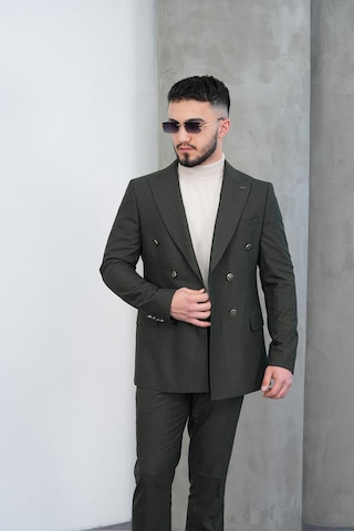Dupont Classics Dupont Slim Fit Sivri Yaka 6 Drop Çift Yırtmaç Çizgili Viskon Kruvaze Erkek Takım Elbise Yeşil