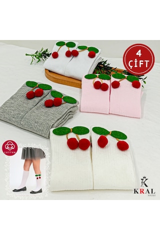Kral Socks Kız Çoçuk Çorap Kiraz Desenli Renkli Pamuklu Okul Çorabı