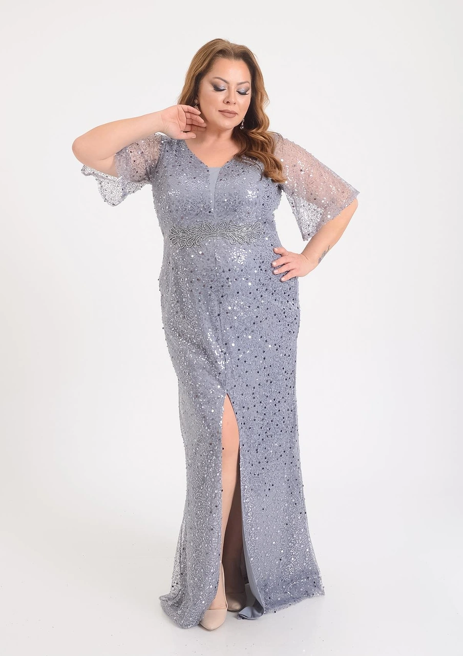 Lilas Xxl Büyük Beden Glitter Baskı Gri Renkli Kısa Kollu Uzun Abiye Elbise Gri