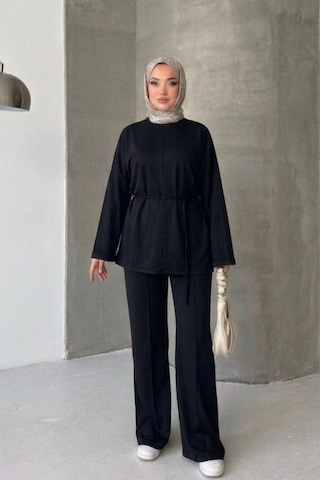 Thiff Tesettür Önü Bağlamalı Oversize Çimalı Modal Takım Siyah