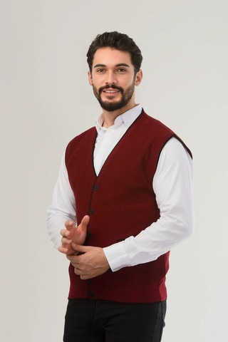 Kamalı Bordo Erkek V Yaka Triko Düğmeli Cepli Çizgi Desenli Regular Fit Tüylenmeyen Örgü Yelek Bordo