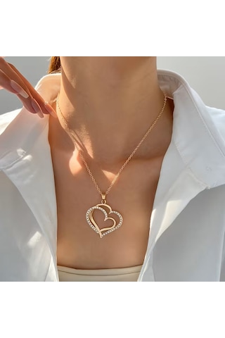 Moda My Love 2li Kalp Bileklik, Kolye, Küpe Set, Sevgililer Günü Altın
