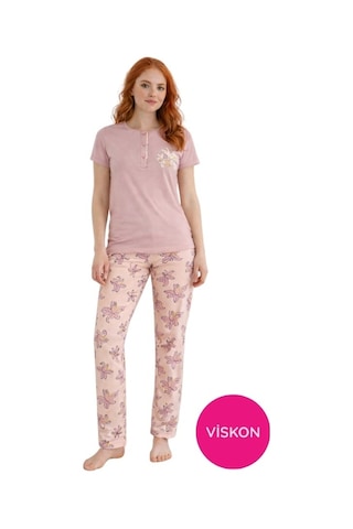 Seamlife Kadın Desenli Düğmeli Bisiklet Yaka Kısa Kol Pijama Takımı-slim Fit Yazlık Homewear Pembe