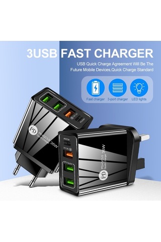 Sandwich 36w Mini Siyah Euro Şarj Cihazı, 3 Usb Qc 3.0 + Pd Hızlı Şarj, Seyahat Usb Adaptörü, 100-240v, Ev Ve Seyahat İçin