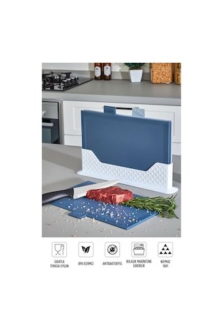 9'lu Mutfak Hazırlık Seti - Yatay Standlı Kulplu Kesme Tahtası Karıştırma Kabı Süzgeç Limon Sıkacağı Mavi