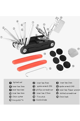 17 Fonksiyonlu Bisiklet Çakı Alyan Anahtar Takımı, Lastik Tamir Kiti Siyah