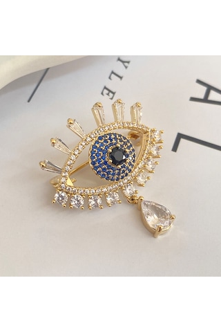 Broş Kadın Zirkon Taşlı Nazar Göz Broş Gözyaşı Yaka İğnesi Gold