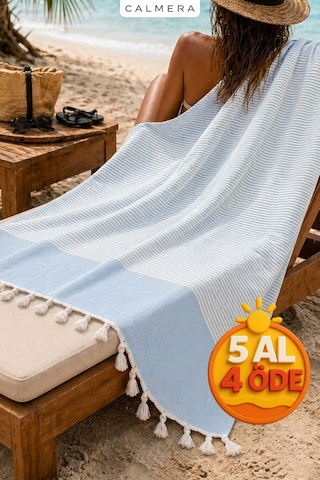 Calmera Çizgili Peştemal Pamuk - Doğal Saçaklı Plaj, Deniz, Havuz, Spa, Sauna, Spor, Seyahat Havlu Mavi