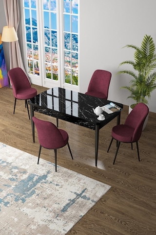 Canisa Concept Zen Serisi 80x132 Mdf Açılabilir Siyah Mermer Desen Masa Takımı Ve 4 Bordo Sandalye Siyah