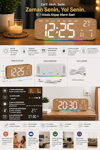 Büyük Ekranlı Ahşap Desenli Dijital Masa Saati 24x9x3 Cm Alarm Çalar Saat Rgb Renkli Led Işıklı Usb Ve Pil Bej