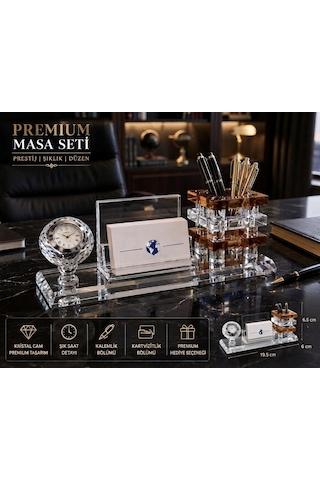 Premium Hediye Ofis Kristal Cam Saatli Kalemlik Kartvizitlik Yönetici Masaüstü Organizer Seti Kahve Çok Renkli