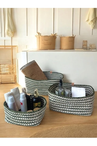 3'lü Hasır Görünümlü Düzenleyici Sepet - Leke Tutmaz - Yeşil Yeşil