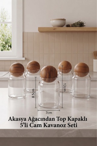 5'li Cam Kavanoz Seti Akasya Ahşap Top Kapaklı Saklama Kabı Baharatlık Kahvaltılık Dekoratif Mutfak Kavanozu 12 Cm Diğer