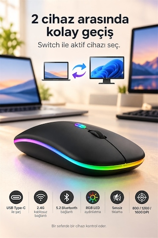 Siyah Şarjlı Kablosuz Sessiz Click Mouse Rgb Led Işıklı Ultra Slim 2.4ghz 800/1200/1600dpı Siyah 53923 - 936314570 Diğer