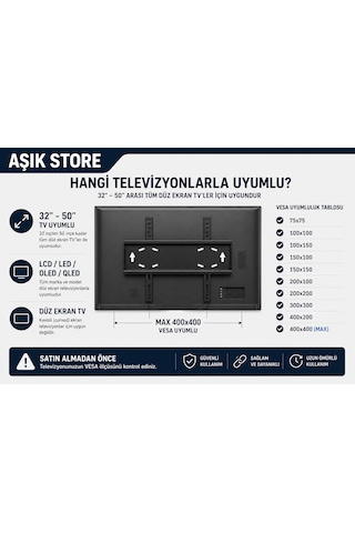Sabit Tv Askı Aparatı 32-50 İnç Universal Tv Duvar Askısı Vesa 400x400 35 Kg Lcd Led Oled Qled Metal Gövde