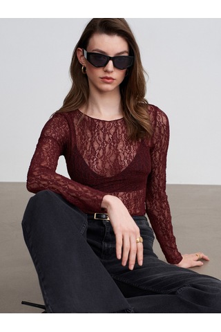 Dilvin 32764 Kayık Yaka Dantel Top-bordo