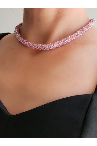 Etnik Bohem Sarmal Dönmeli Model Kristal Pembe Gümüş Taşlı Kristal Boncuk Kolye Pembe