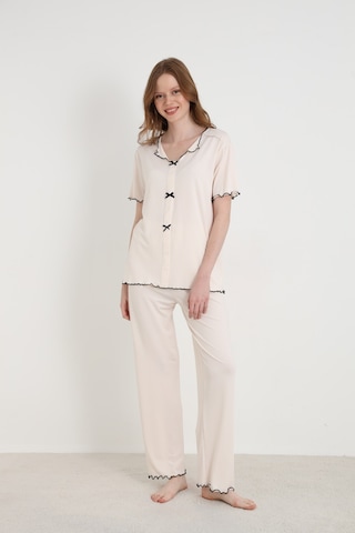 Elitol Bamboo Örme Fiyonklu Kadın Pijama Takımı Ekru-5