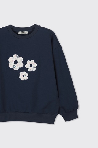 Panço Kız Çocuk Çiçek Aplike Detaylı Lacivert Sweatshirt