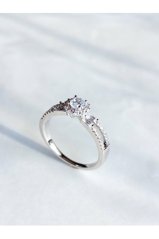 Gümüş Özel Oval Tek Taş Yarım Turlu Tasarım Kadın Yüzük