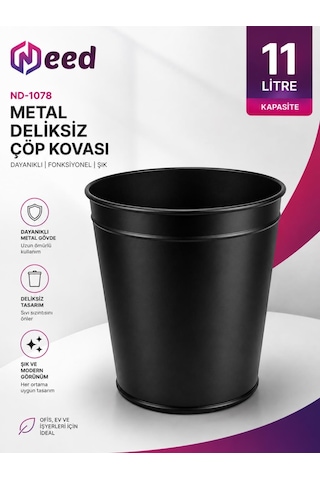 Nd-1078 Metal Deliksiz Siyah Çöp Kovası 11 Litre