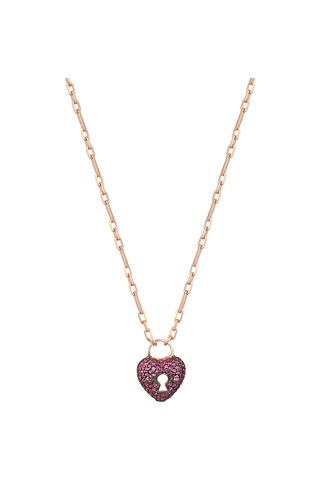 Pembe Taşlı Kilit Kalp Kolye Rose Gold