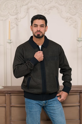 Woolen World Polo Yaka Fermuar Kapamalı Klasik Kesim Astarlı Desenli Çelik Örgü Hırka Kahverengi