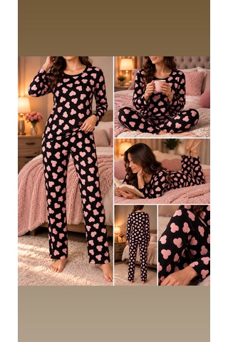 Lila İç Giyim Kadın Pembe Fiyonk Desenli Uzun Kollu Pijama Takımı Siyah Rahat Ev Giyim Seti Siyah - Pembe