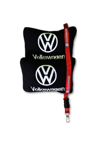 Volkswagen Uyumlu Siyah Polar Ortopedik Seyahat Boyun Yastığı & Kırmızı Oto Ayna Askısı