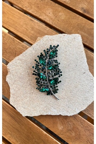 Yeşil Taşlı Yaprak Broş Çok Renkli