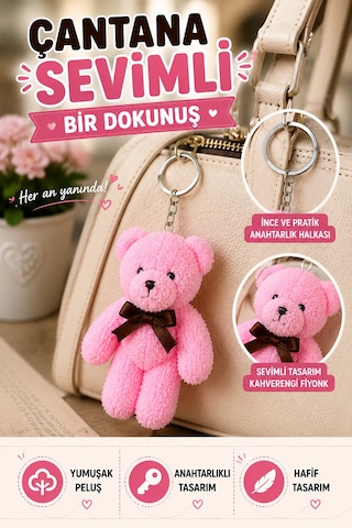 1 Adet Pembe Peluş Ayıcık Anahtarlık 15x8 Cm Çanta Sırt Çantası Anahtar Aksesuarı Sevimli Fiyonklu
