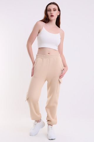 Winmoda34 Kadın Üç İplik İçi Şardonlu Polarlı Eşofman Altı Jogger Rahat Kalıp Krem