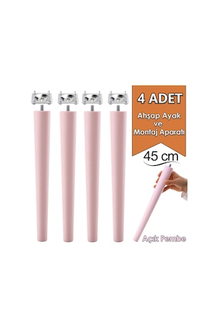 4 Adet Ahşap Ayak 45 Cm Açık Pembe M8 Civatalı Bağlantı Aparatlı Mobilya Tabure Sehpa Masa Destek Ayağı Pembe