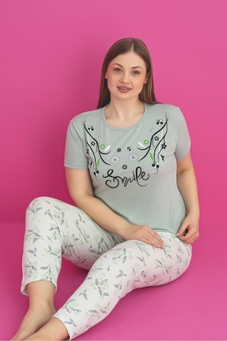 X-dreamy Büyük Beden Pamuklu Çiçekli Kısa Kollu Pijama Takımı Yeşil