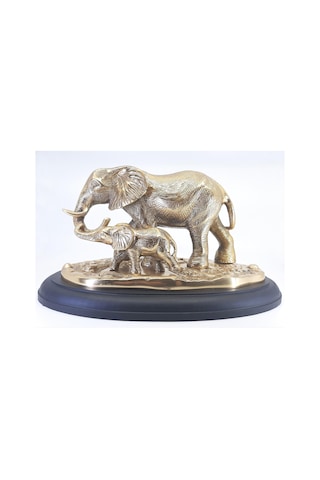 Ahşap Kaide Üzeri Pirinç Fil Ve Yavrusu