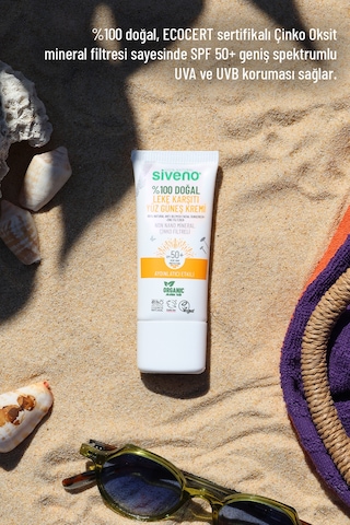Siveno %100 Doğal Yüz Güneş Kremi Leke Karşıtı Aydınlatıcı Çinko Mineral Filtre UVA UVB SPF 50+ 30 ML