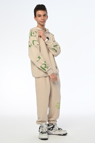 Erkek Çocuk Kamuflaj Baskılı Kapüşonlu Sweatshirt-13409-bej