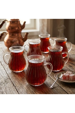 6'li Kulplu Borosilikat Fitil Desenli Cam Çay Bardağı Seti - Şeffaf Ve Isıya Dayanıklı Şık Çay Takımı 180ml Çok Renkli