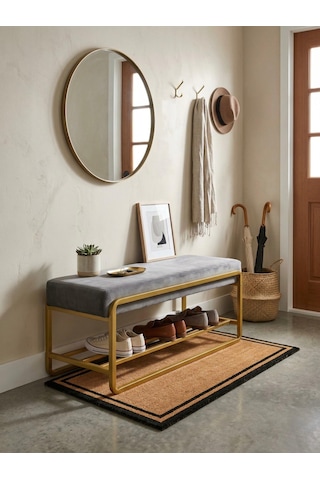Line Modern Bench Puf Gold Metal 120 Cm - Antre, Giriş Holü, Ofis İçin Şık Dekoratif Bench Gri