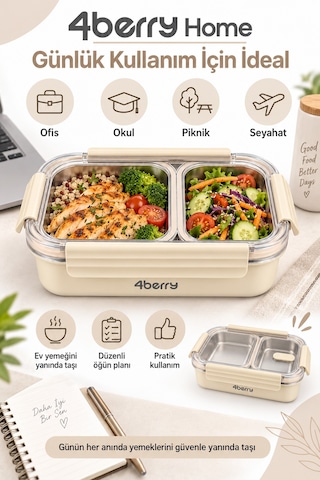 2 Bölmeli Termos Yemek Kabı 850 Ml, Paslanmaz Çelik, Sızdırmaz Kilitli, Şeffaf Kapaklı, Krem Rengi Krem-bej