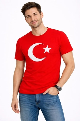 Yake Store Erkek T-shirt Kısa Kol Bisiklet Yaka Ay Yıldız Bayrak Baskılı Tişört - Kırmızı - Kırmızı