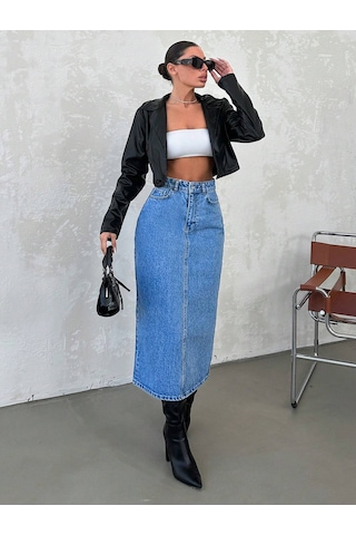 Dema Kadın Mavi Renk Yüksek Bel Pamuklu Bilek Boy Denim Etek