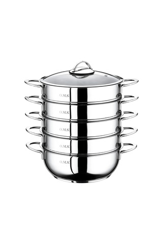 6 Parça Paslanmaz Çelik, Cam Kapaklı 32x10 Cm - 7 Litre Buharlı Pişirici, Mantı Tenceresi Gümüş