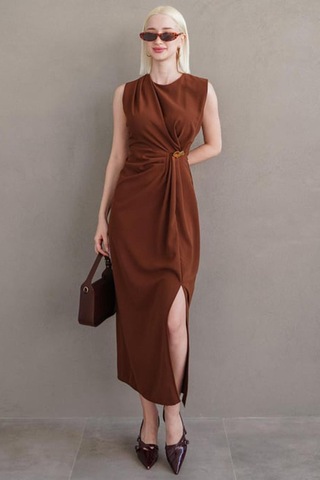 Madmext Kahverengi Bronşlu Midi Boy Kadın Elbise Mg2418 Kahverengi